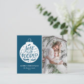 Joy To The Worldレタリングブルークリスマスフォト シーズンポストカード (スタンド正面)