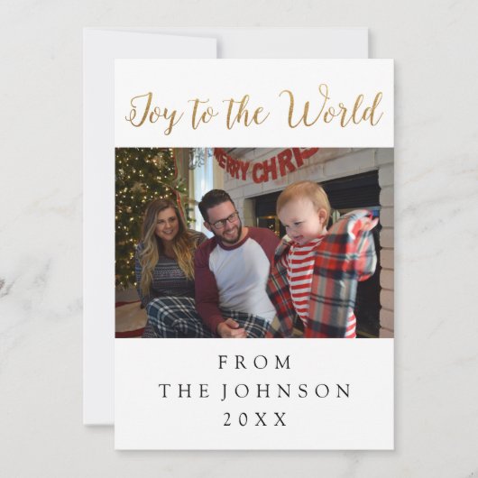 Joy To The World写真ホワイトホリデースクリプトグリーン シーズンカード (正面)