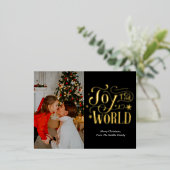 Joy to the World Black金ゴールドScript Photo モダン 箔シーズンポストカード (立ち正面)