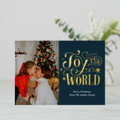 Joy to the World Blue金ゴールド書道写真 箔シーズンカード (立ち正面)