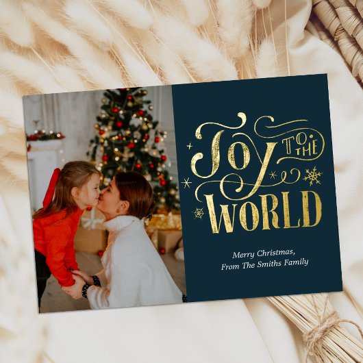 Joy to the World Blue金ゴールド書道写真 箔シーズンカード