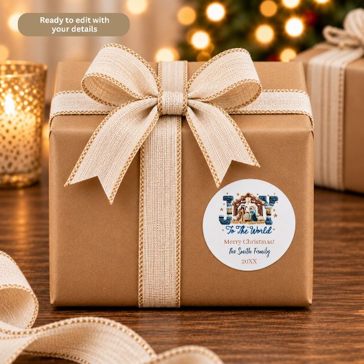 Joy to the World Blue Nativity Scene Personalized ラウンドシール