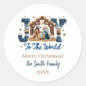 Joy to the World Blue Nativity Scene Personalized ラウンドシール (正面)
