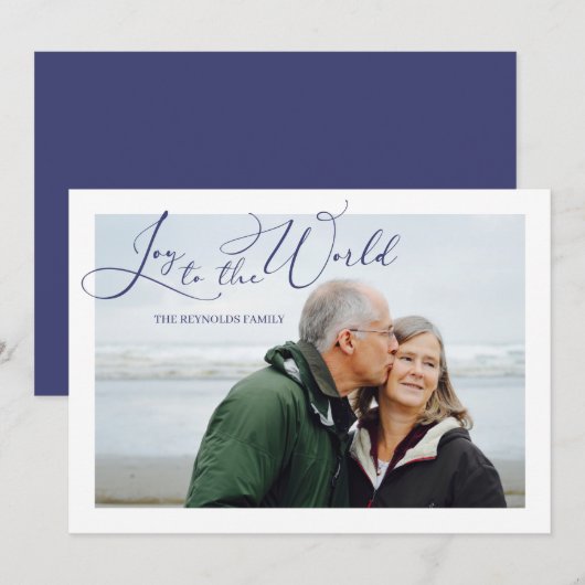 Joy to the World Blue Photoクリスマスホリデーカード シーズンカード (正面/裏面)