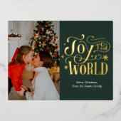 Joy to the World Green金ゴールドのスクリプト写真モダン 箔シーズンポストカード (正面)