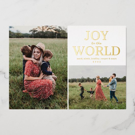 Joy to the World Holiday Photo Collage 箔シーズンカード (正面)