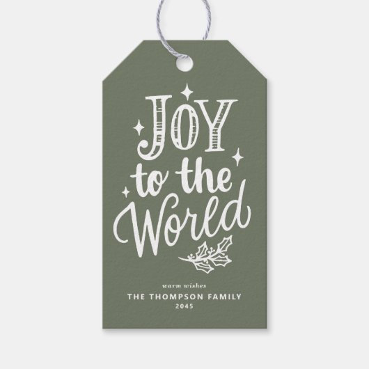Joy to the World Lettering Taupe Green Christmas ギフトタグ (正面)