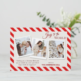 Joy to the world modern 3 family photos cute red シーズンカード