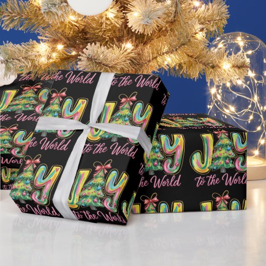 Joy To The World Neon Christmas Tree Brushstroke  ラッピングペーパー (クリスマス)