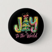 Joy To The World Neon Christmas Tree Brushstroke  缶バッジ (正面)