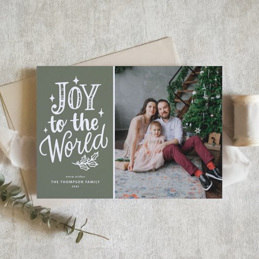 Joy to the World Quote Rustic Taupe Green Photo シーズンカード
