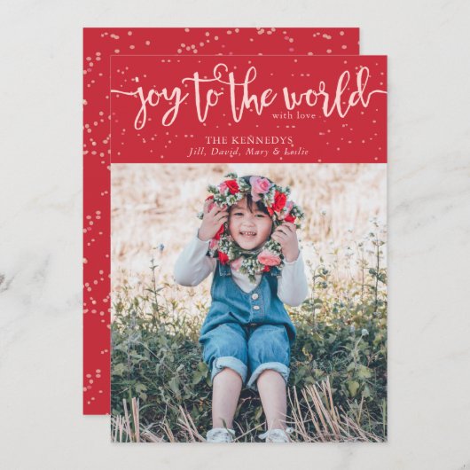 Joy to the World Red Photo Christmas Card 招待状 (正面/裏面)