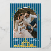 Joy To The World Teal Nativity Christmas Photo 箔シーズンカード (正面)