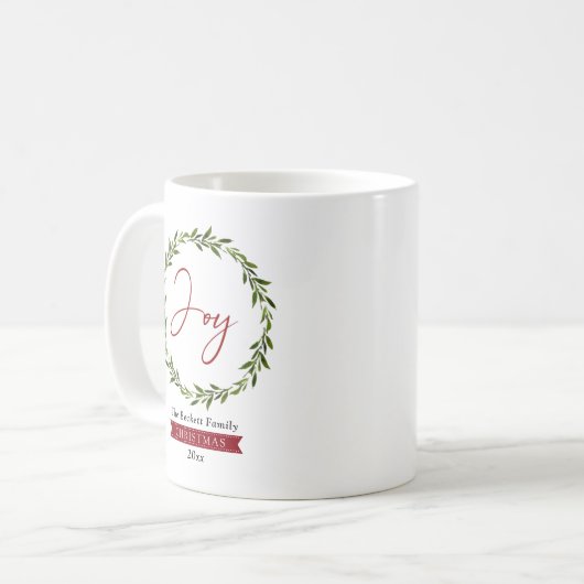 Joy Typography Script Christmas Wreath Holiday コーヒーマグカップ (正面左)