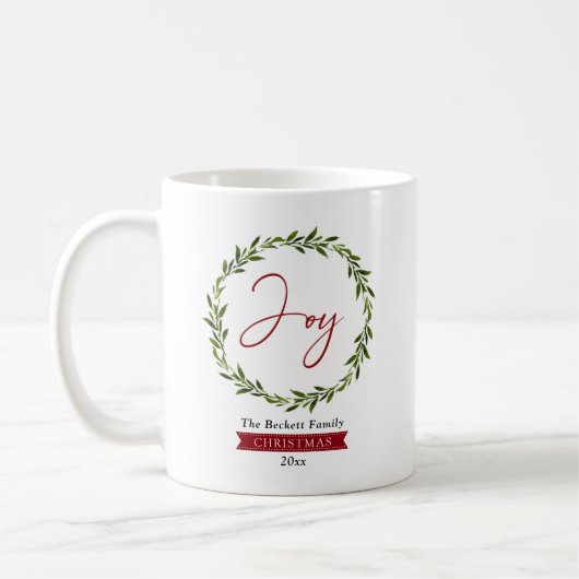 Joy Typography Script Christmas Wreath Holiday コーヒーマグカップ (左)