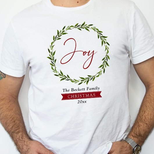 Joy Typography Script Christmas Wreath Holiday Tシャツ