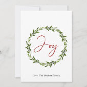 Joy Typography Script Wreath 3 Photo Christmas シーズンカード (正面)