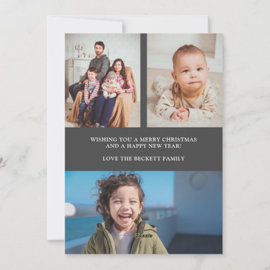 Joy Typography Script Wreath 3 Photo Christmas シーズンカード (裏面)