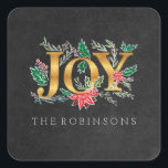 Joy Winter Christmas Folidsステッカー スクエアシール<br><div class="desc">黒板の背景アドレス戻りラベルは、冬の葉、ポインセチア、枝とホリーを特徴とする。パーソナライズし、友人や家族に差出人住所ラベルを送信する愛する。自分の挨拶と全員の名前を追加。</div>