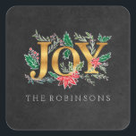 Joy Winter Christmas Folidsステッカー スクエアシール<br><div class="desc">黒板の背景アドレス戻りラベルは、冬の葉、ポインセチア、枝とホリーを特徴とする。パーソナライズし、友人や家族に差出人住所ラベルを送信する愛する。自分の挨拶と全員の名前を追加。</div>