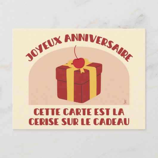 Joyeux anniversaire, carte cerise sur le cadeau ポストカード (正面)