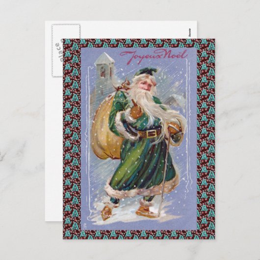 Joyeux Noelアカメリークリスマスグリーンサンタクロース シーズンポストカード (正面/裏面)