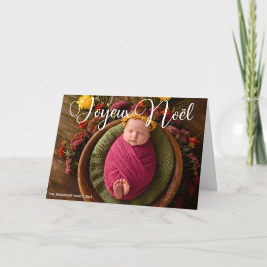 Joyeux Noelホワイトスクリプトシックな写真クリスマス シーズンカード (正面)