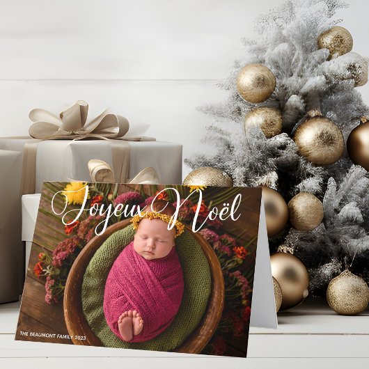 Joyeux Noelホワイトスクリプトシックな写真クリスマス シーズンカード