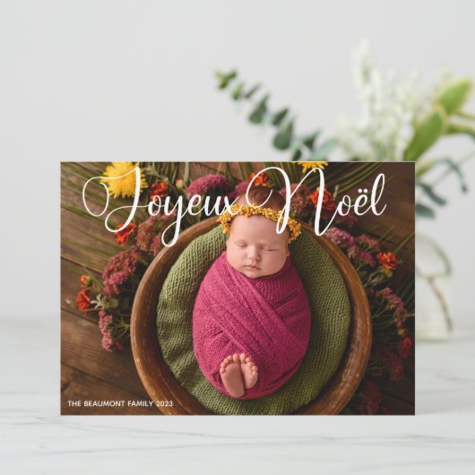 Joyeux Noelホワイトスクリプトベビー写真クリスマス シーズンカード (スタンド正面)