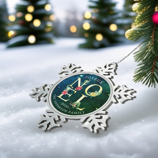 Joyeux Noelメリークリスマスハッピーニューイヤーズ スノーフレークピューターオーナメント