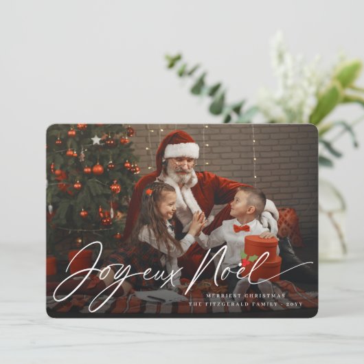 Joyeux Noel手書きスクリプトクリスマスフォト シーズンカード (スタンド正面)