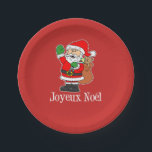 Joyeux Noel フランスの Christmas Santa (ON RED) ペーパープレート<br><div class="desc">Joyeux Noel紙プレート漫画Santaをフィーチャー。可愛いプレートと一緒に「メリーフランスのクリスマス」と言いなさい。家のクリスマスパーティーのための完璧なパーティーフランスの装飾。</div>