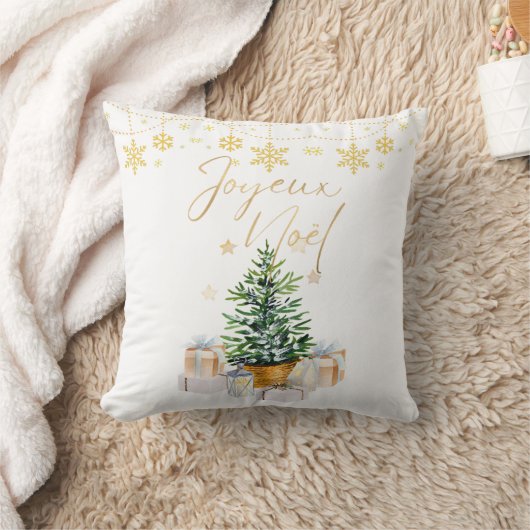 Joyeux Noel Christmas Tree Gold Snowflakes クッション (ブランケット)
