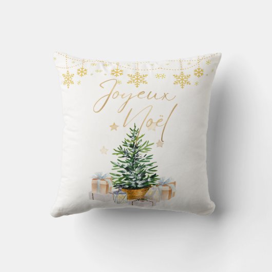 Joyeux Noel Christmas Tree Gold Snowflakes クッション (裏面)