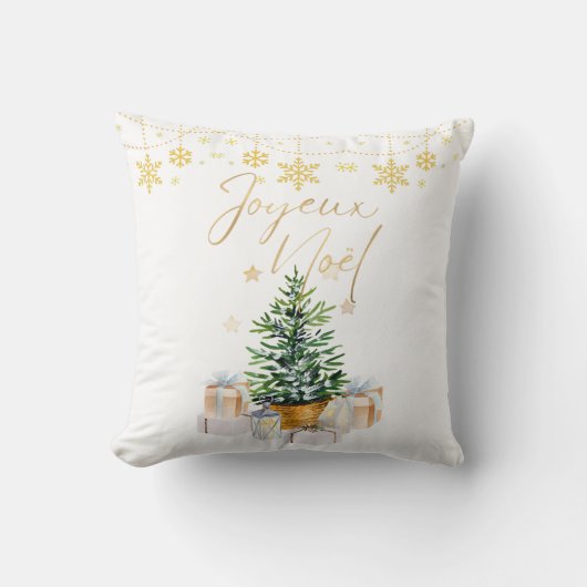 Joyeux Noel Christmas Tree Gold Snowflakes クッション (正面)
