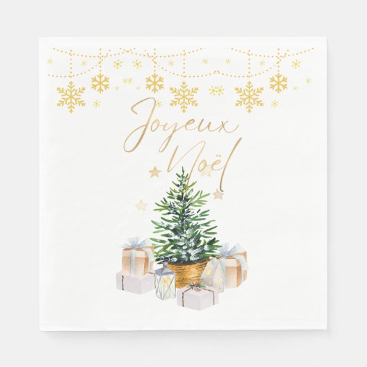 Joyeux Noel Christmas Tree Gold Snowflakes スタンダードランチョンナプキン (正面)