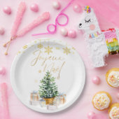 Joyeux Noel Christmas Tree Gold Snowflakes ペーパープレート (パーティー)