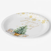 Joyeux Noel Christmas Tree Gold Snowflakes ペーパープレート (アングル)