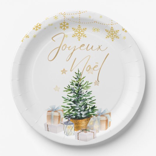Joyeux Noel Christmas Tree Gold Snowflakes ペーパープレート (正面)