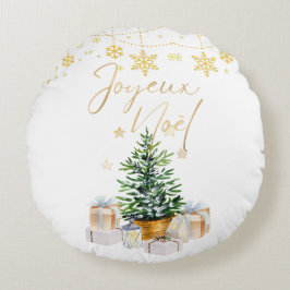 Joyeux Noel Christmas Tree Gold Snowflakes ラウンドクッション