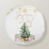 Joyeux Noel Christmas Tree Gold Snowflakes ラウンドクッション (裏面)