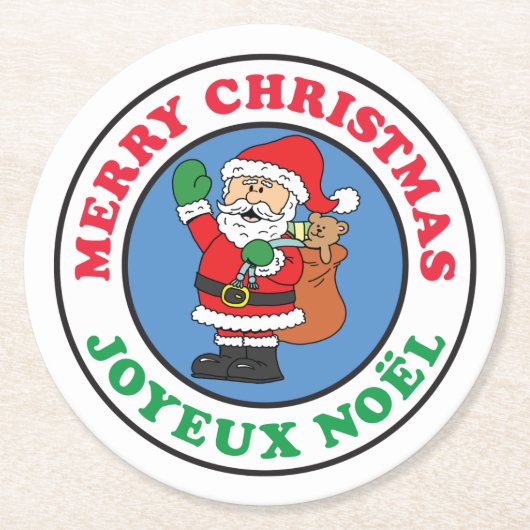 Joyeux Noel French Christmas Santa ラウンドペーパーコースター (正面)