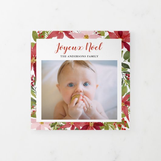 Joyeux Noel Red Poinsettia花ベビー数々の写真 三つ折りクリスマスカード (カバー)