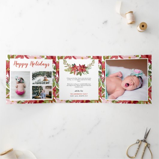 Joyeux Noel Red Poinsettia花ベビー数々の写真 三つ折りクリスマスカード (内部)