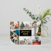 Joyeux Noël Retro Typography Black Photo Collage 箔シーズンポストカード (立ち正面)