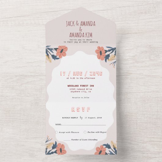 Joyfulフローラピンクレトロ結婚の全てのRSVP オールインワン招待状 (内側)