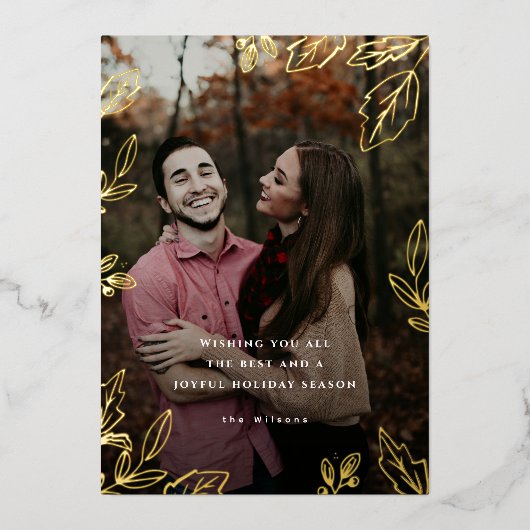 Joyful金ゴールドリーフフレームホリデーフォトカード 箔シーズンカード (正面)