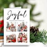 JOYFUL モダン Black Scriptシンプル Photo Collage シーズンカード<br><div class="desc">JOYFUL モダン Black Scriptシンプル Photo Collage Holiday Card.カスタマイズ可能パーソナライズされたで休日の挨拶を友達、同僚や家族に送信するシンプル、シックでモダン、4フォトコラージュのデザインフェスティバルエレガント、自然なミニマルスタイルの丸いカード！4枚の写真コラージュの上に「Joyful」フレームの美しい書道が前面に並ぶ。書道の下には、あなたの家族のカスタム名前からのタイポグラフィの挨拶メッセージがモダンある。反転して、美しいニュートラルな茶色の紙背景を明らかにする。</div>