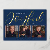 Joyful モダン Blueと金ゴールドスクリプトのフォトコラージュ 箔シーズンカード (正面)