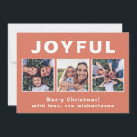 Joyful モダン Christmas Coral Photo Collage シーズンカード<br><div class="desc">3つのモダンフォトホリデーの挨拶は、大きな喜びのタイプとトレンディーの珊瑚のオレンジ色の背景にあなたの名前を付けたメリークリスマスの挨拶を特徴とする。このトレンディーカードの裏は白無地のい。</div>
